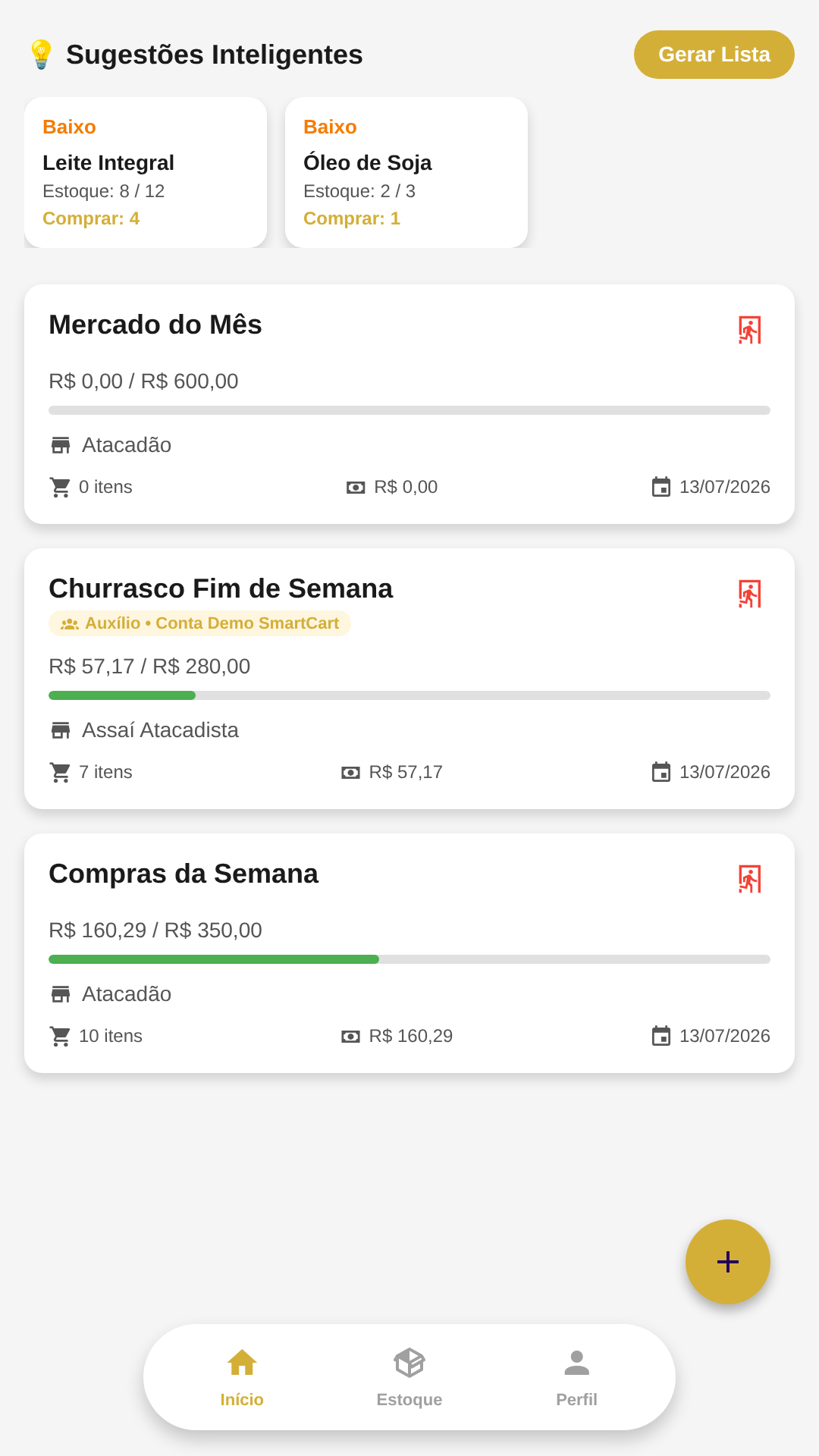 Tela inicial do SmartCart com listas de compras