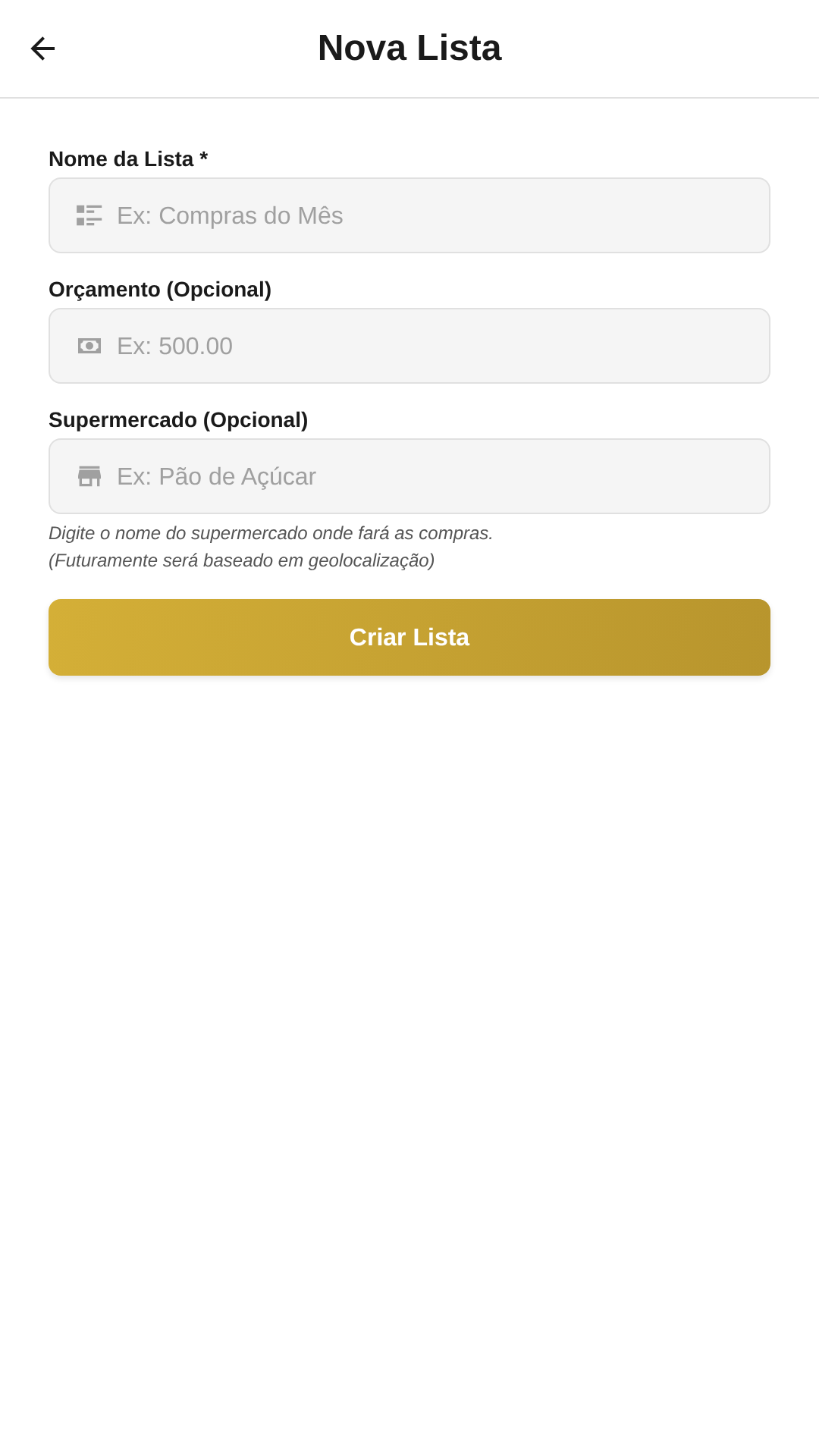 Criando uma nova lista de compras